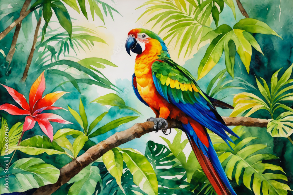 Parrot in jungle. Large colorful bird with beautiful plumage sits on branch in its natural habitat. Watercolor drawing. Parrot in jungle. Large colorful bird with beautiful plumage sits on branch in its natural habitat. Watercolor drawing.