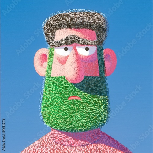 An imaginative and whimsical character features a green beard paired with a pink sweater photo