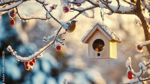 Concept view of a small wooden bird house during winter snowfall background wallpaper AI generated image
