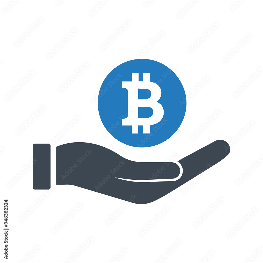 Bitcoin icon. Coin in hand. Cryptocurrency icon Bitcoin icon. Coin in hand. Cryptocurrency icon