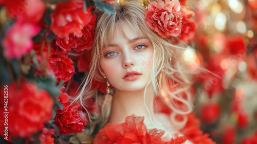 Wallpaper Mural Young woman model attractive in red traditional dress and red flowers background wallpaper AI generated image Torontodigital.ca