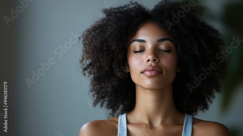 An introspective woman with curly hair is meditating indoors, her eyes closed, and a soft light surrounding her, signifying inner peace, tranquility, and self-reflection. photo