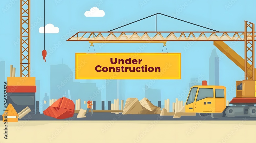 Fototapeta premium A cartoon illustration of a construction site with a crane, a worker, and a sign that says 'Under Construction'.