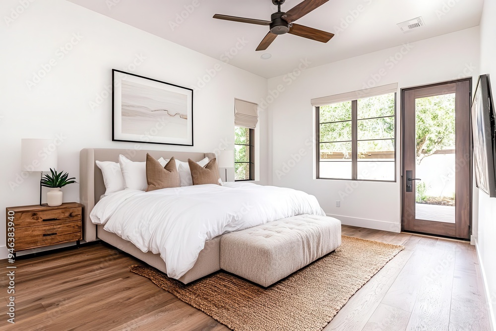 Modern bedroom with neutral colors, spacious design, and natural light, featuring a stylish bed and wooden flooring. Modern bedroom with neutral colors, spacious design, and natural light, featuring a stylish bed and wooden flooring.