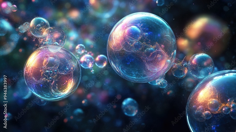 Ethereal bubbles intermingling with molecular patterns, creating a harmonious scientific visualization. Ethereal bubbles intermingling with molecular patterns, creating a harmonious scientific visualization.
