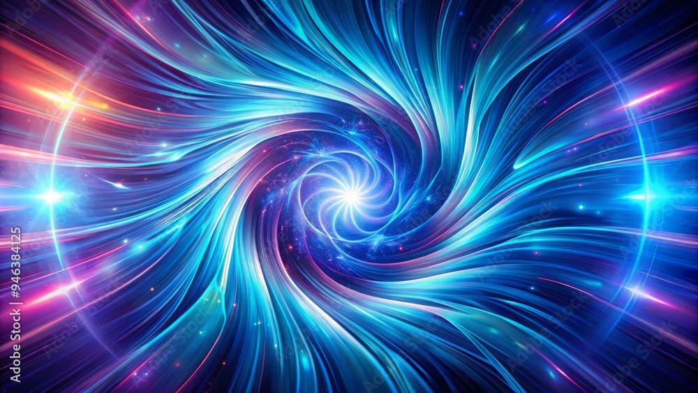 Obraz premium Vibrant swirls of iridescent blues and purples radiate from a central core, evoking a sense of intense energy and futuristic technology in a mesmerizing abstract background.