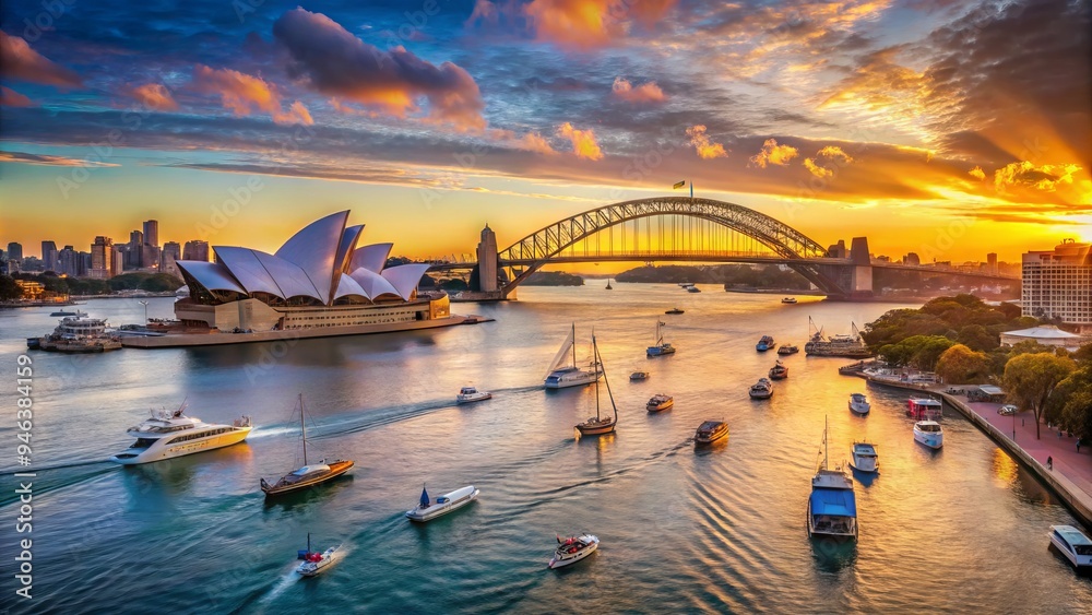 Naklejka premium Vibrant Sydney Opera House stands majestic at sunset, surrounded by sailboats and ferries, with iconic Harbour Bridge in the background under a blue sky.