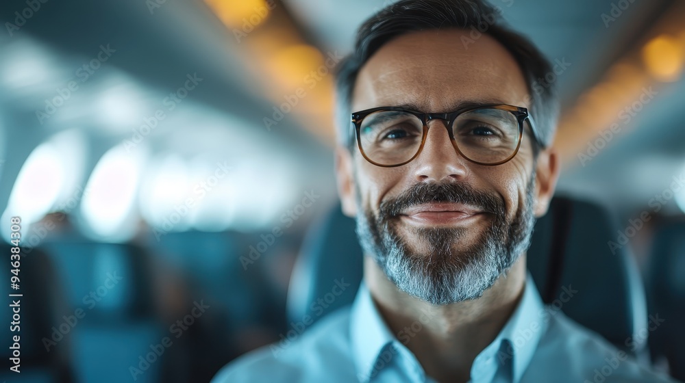 A smiling man with a beard and glasses seated in an airplane cabin, demonstrating a sense of ease, intellectualism, and joy of travel, blending modernity and classic charm. A smiling man with a beard and glasses seated in an airplane cabin, demonstrating a sense of ease, intellectualism, and joy of travel, blending modernity and classic charm.