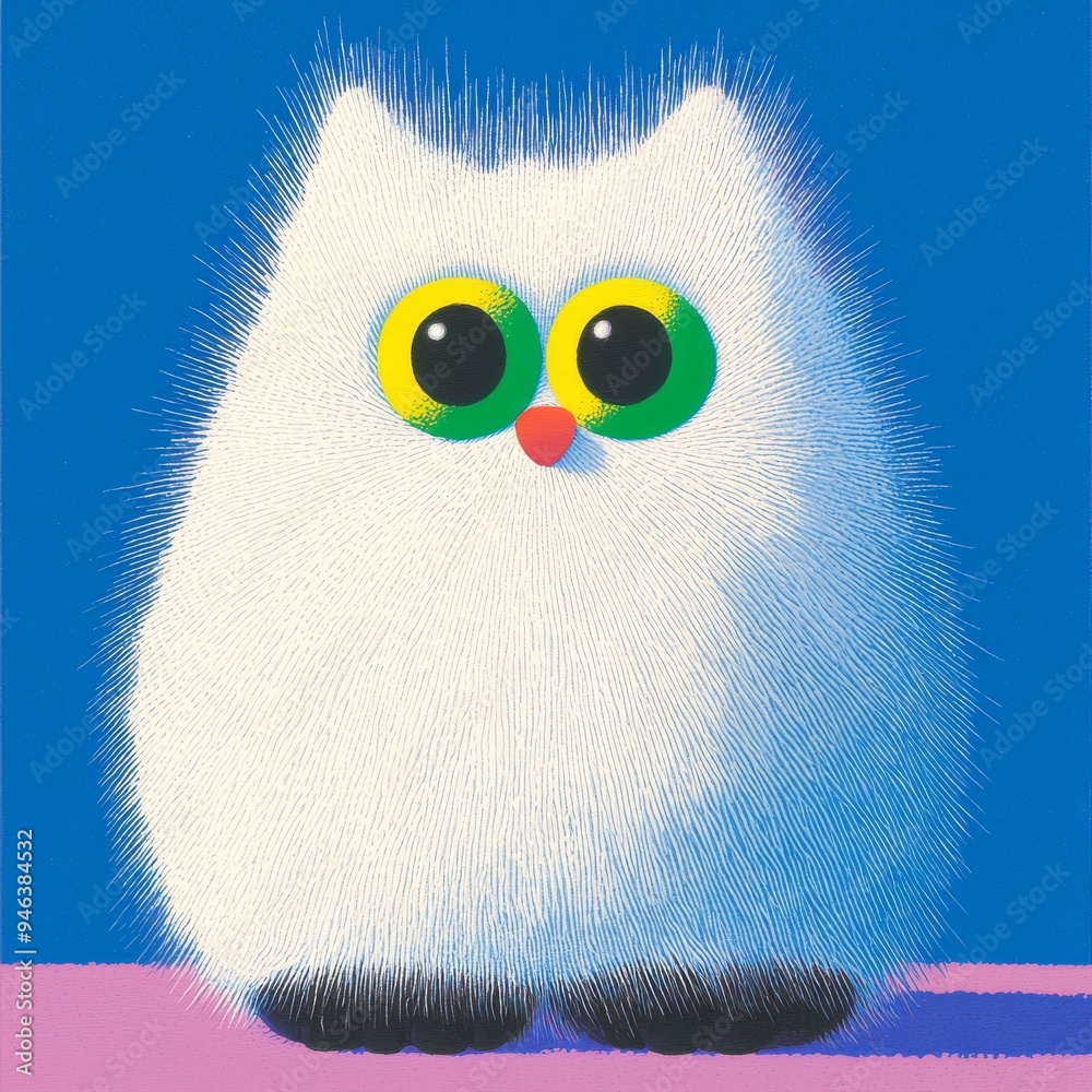 A Fluffy, White Cartoon Creature featuring Large, Bright Green Eyes, is absolutely adorable A Fluffy, White Cartoon Creature featuring Large, Bright Green Eyes, is absolutely adorable
