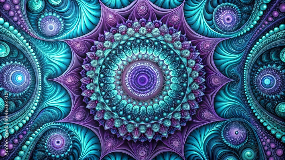 Vibrant turquoise and purple hues swirl in a mesmerizing dance, creating a hypnotic abstract pattern of undulating shapes and intricate geometric forms. Vibrant turquoise and purple hues swirl in a mesmerizing dance, creating a hypnotic abstract pattern of undulating shapes and intricate geometric forms.