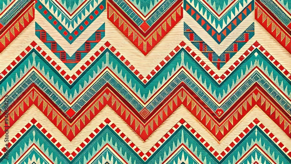 Vibrant tribal print featuring a bold herringbone pattern in shades of turquoise, red, and orange, set against a neutral beige background with subtle texture. Vibrant tribal print featuring a bold herringbone pattern in shades of turquoise, red, and orange, set against a neutral beige background with subtle texture.