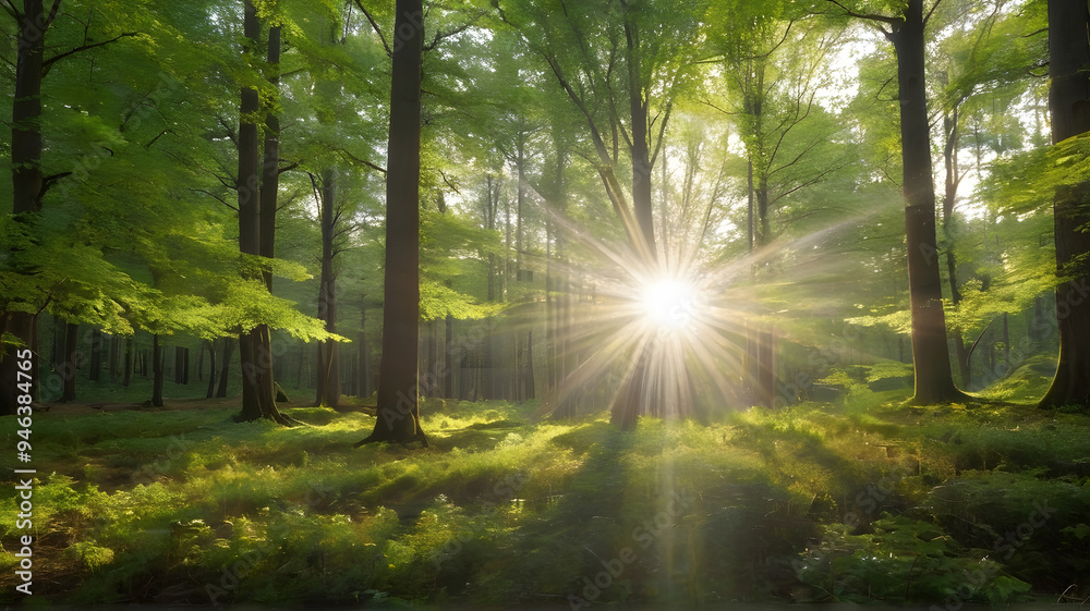 Obraz premium The sun is shining through the trees in the forest