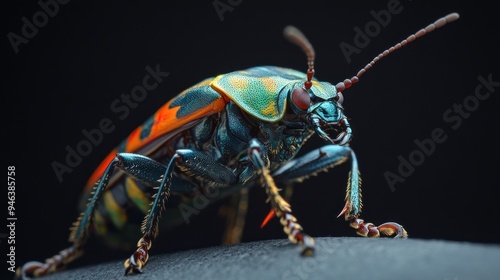 Unique rare insect species Scutiphora pedicellata Jewel bug with black background wallpaper AI generated image photo