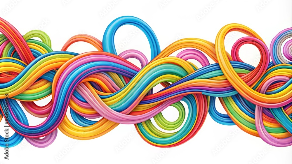 Vibrant, whimsical illustration of colorful, twisted squiggle lines swirling together, creating a mesmerizing abstract pattern of loops, curves, and dynamic shapes on a white background.