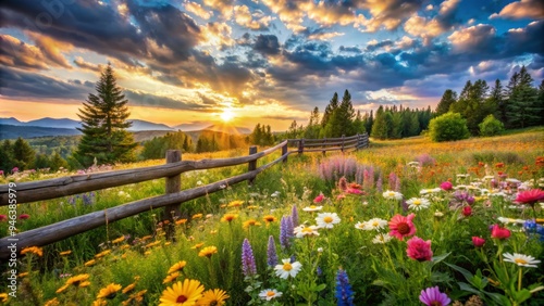 Vibrant wildflowers bloom amidst lush greenery and rustic wooden fences, set against a warm sunny sky with soft, whispy clouds in a serene summer landscape.