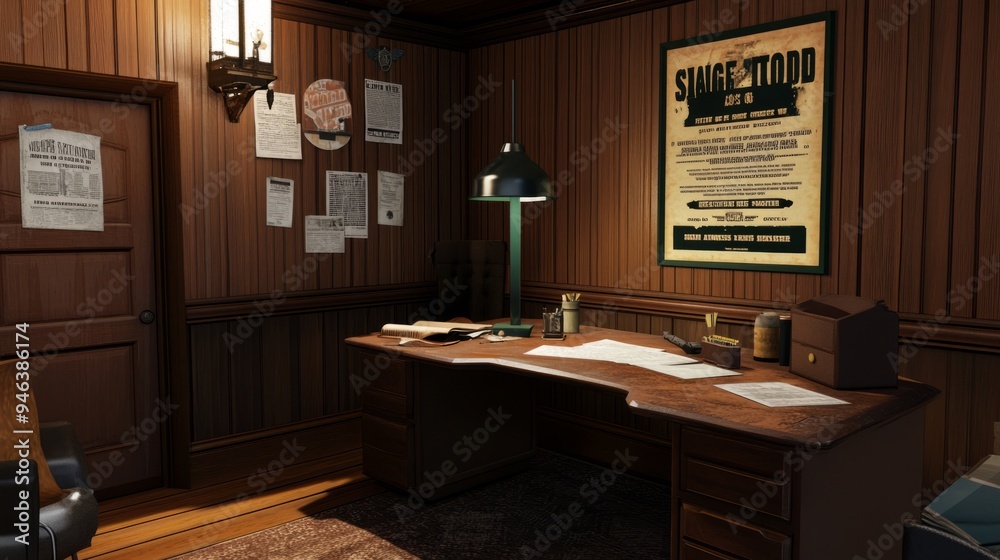 A sheriffs office with a wanted poster on the wall A sheriffs office with a wanted poster on the wall