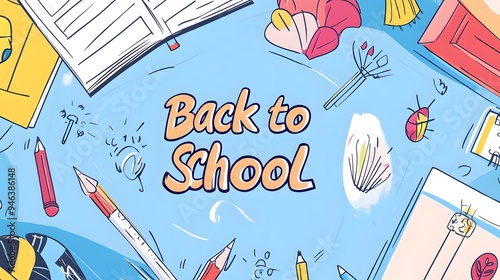 Back to school themed illustration with pencils, a book, and other stationery. photo