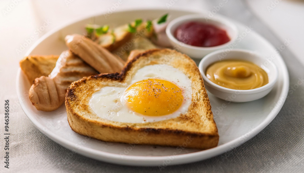 Tasty heart-shaped grilled toast with fried egg. Healthy breakfast. Delicious food. Cooking concept. Tasty heart-shaped grilled toast with fried egg. Healthy breakfast. Delicious food. Cooking concept.