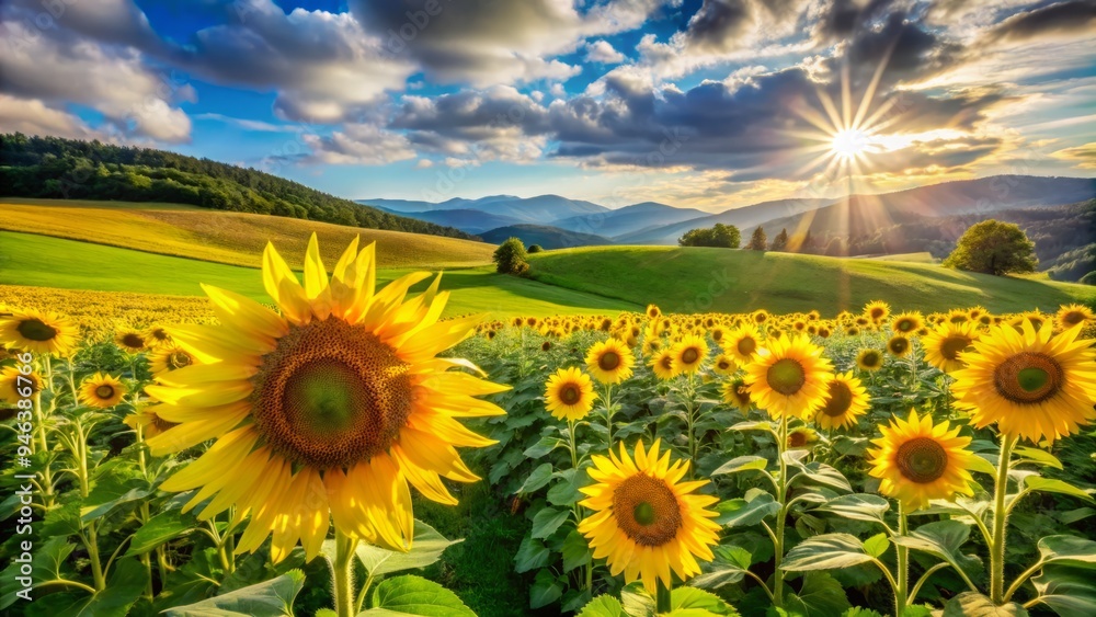 Obraz premium Vibrant yellow sunflowers stretch towards the sky, swaying gently in the breeze, amidst a lush green field with rolling hills under a warm summer sun.