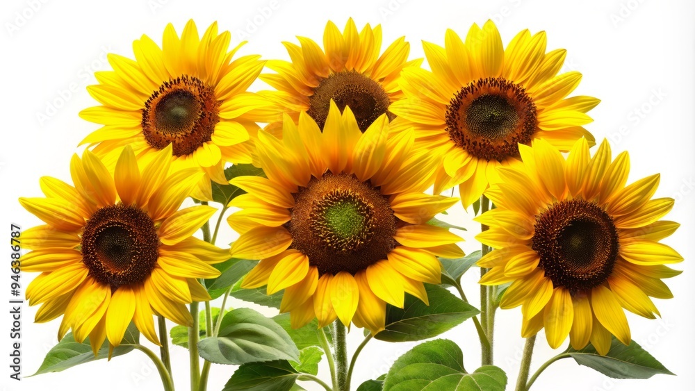 Obraz premium Vibrant yellow sunflowers with dark centers and bright green leaves stand upright against a pure white background, focusing attention on their statuesque beauty.
