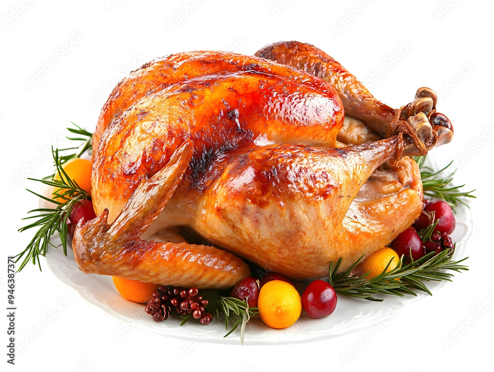 A perfectly roasted whole turkey, golden and crispy, garnished with fresh rosemary, citrus fruits, and cranberries, presented on a white platter, ready for a festive meal A perfectly roasted whole turkey, golden and crispy, garnished with fresh rosemary, citrus fruits, and cranberries, presented on a white platter, ready for a festive meal