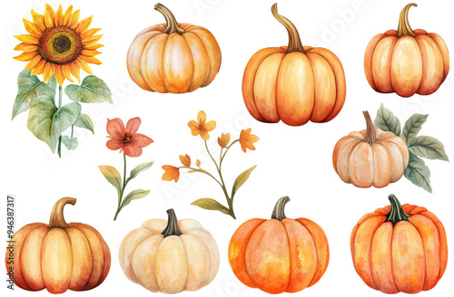 Watercolor Pumpkin and Sunflower Clip Art. Fall Autumn Flowers Sublimation Design. Halloween Thanksgiving Decor. Transparent Background Illustration