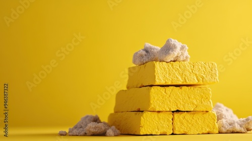 A stack of yellow bricks paired with crumbled white concrete pieces. The vibrant colors and textures create a striking visual contrast, ideal for construction or art themes.