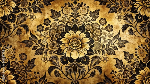 Vintage-inspired illustration of a intricate floral pattern created with bold black ink, set against a distressed textured background with ornate golden accents. photo