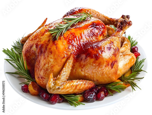 A perfectly roasted whole turkey, golden and crispy, garnished with fresh rosemary, citrus fruits, and cranberries, presented on a white platter, ready for a festive meal