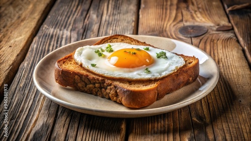 Warmly lit golden-brown bread, sliced to reveal a perfectly runny sunny-side-up egg, on a crisp white plate, against a clean rustic wooden background. photo