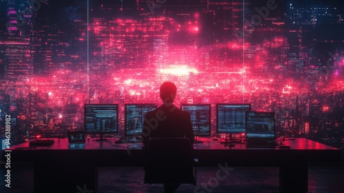 A person sits in front of multiple screens showing vibrant holographic financial data, illuminated by city lights in a high-tech environment.