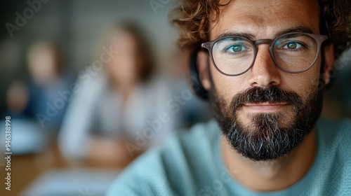 A bearded man with glasses, smiling and wearing headphones while sitting in a modern office, highlighting a moment of focus and engagement in a professional environment.