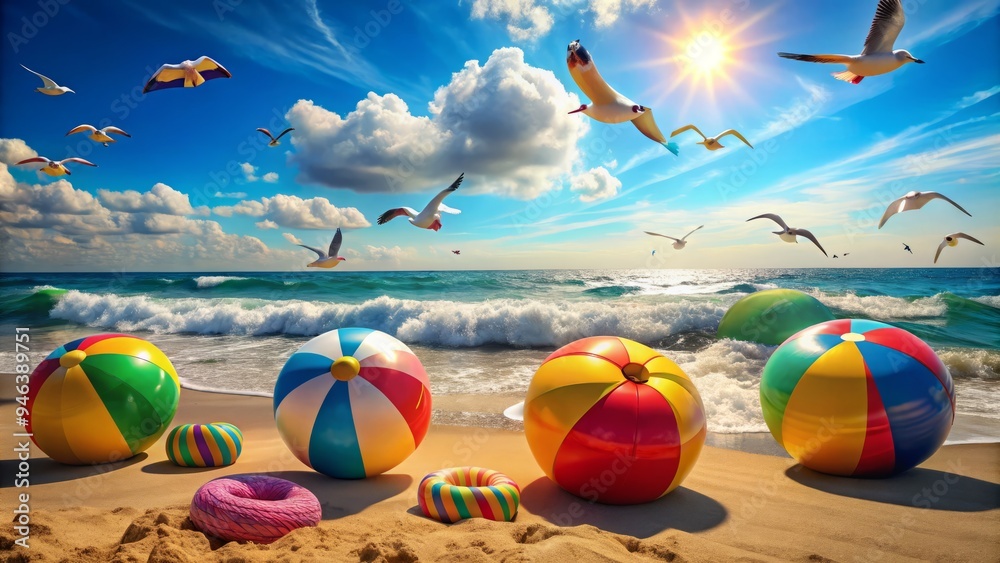 Obraz premium Warm sunny day at the beach, colorful inflatables and beach balls scattered around, seagulls flying overhead, and gentle waves rolling in against the shoreline.