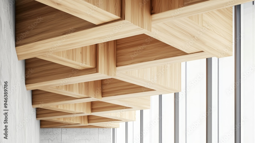Geometric wooden beams, contemporary ceiling design, 3D illustration Geometric wooden beams, contemporary ceiling design, 3D illustration