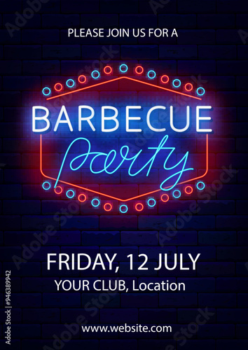 Barbecue party neon poster. Vertical template. Grill event. Shiny fire symbol. Catering invitation. Light greeting card. Editable stroke. Vector stock illustration
