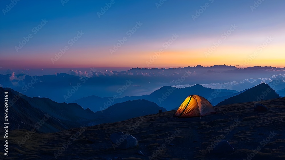 Camping in mountains. Camping at nature. Colorfull sunset in mountains. Camping travell concept. Traveler people enjoying the advanture Camping in mountains. Camping at nature. Colorfull sunset in mountains. Camping travell concept. Traveler people enjoying the advanture