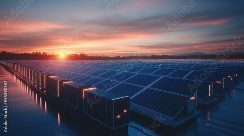 Massive solar battery storage unit demonstrating its renewable energy capacity, integrated into a commercial setup close up, industrial power, futuristic, Silhouette, urban rooftop