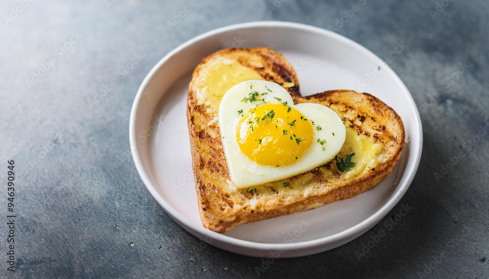 Tasty heart-shaped grilled toast with fried egg. Healthy breakfast. Delicious food. Cooking concept. Tasty heart-shaped grilled toast with fried egg. Healthy breakfast. Delicious food. Cooking concept.