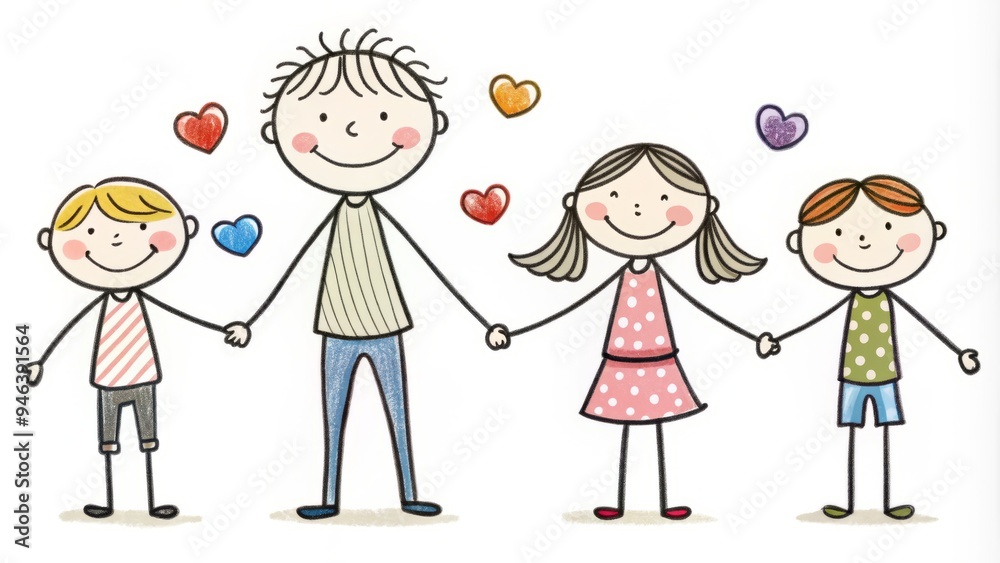 Whimsical illustration of a loving family of five holding hands in a line, simple black outlines on a bright white background, conveying unity and togetherness. Whimsical illustration of a loving family of five holding hands in a line, simple black outlines on a bright white background, conveying unity and togetherness.