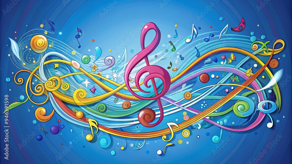Whimsical illustration of colorful abstract doodles swirling around a treble clef and musical notes, set against a bright blue background with scribbled patterns. Whimsical illustration of colorful abstract doodles swirling around a treble clef and musical notes, set against a bright blue background with scribbled patterns.