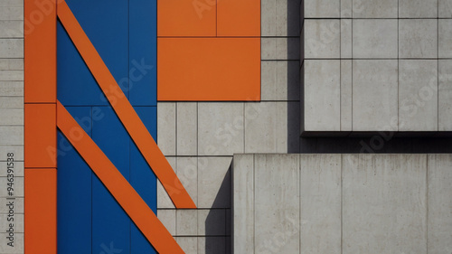 A modern apartment building with a bold color palette of orange, blue, and gray, featuring a geometric pattern of rectangular panels..