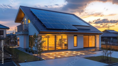 Home solar battery storage charging during daylight hours, storing renewable energy for evening use focus on, daytonight transition, dynamic, Fusion, residential area photo