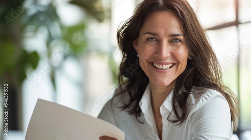 Fototapeta Naklejka Na Ścianę i Meble -  Smiling mature business woman hr holding cv document at job interview. Happy mid aged professional banking manager or lawyer consulting client sitting at workplace in corporate office meeting.