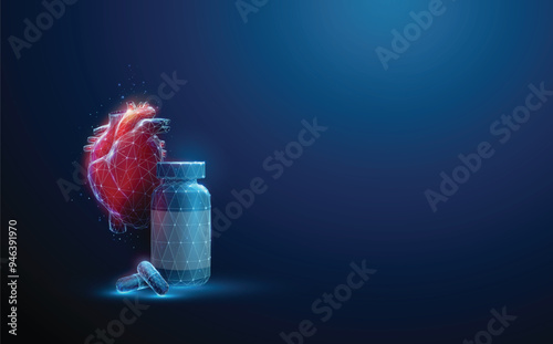 Bottle and medical pills in front of red futuristic human heart. Heart diseases, medical treatment and pharmacy concept Low poly style Geometric background