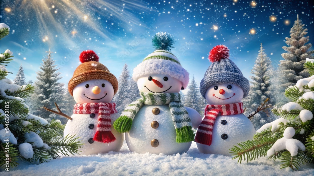 Winter wonderland scene featuring a trio of snowmen adorned with festive scarves and hats, surrounded by snowflakes and evergreen boughs under a serene blue sky. Winter wonderland scene featuring a trio of snowmen adorned with festive scarves and hats, surrounded by snowflakes and evergreen boughs under a serene blue sky.