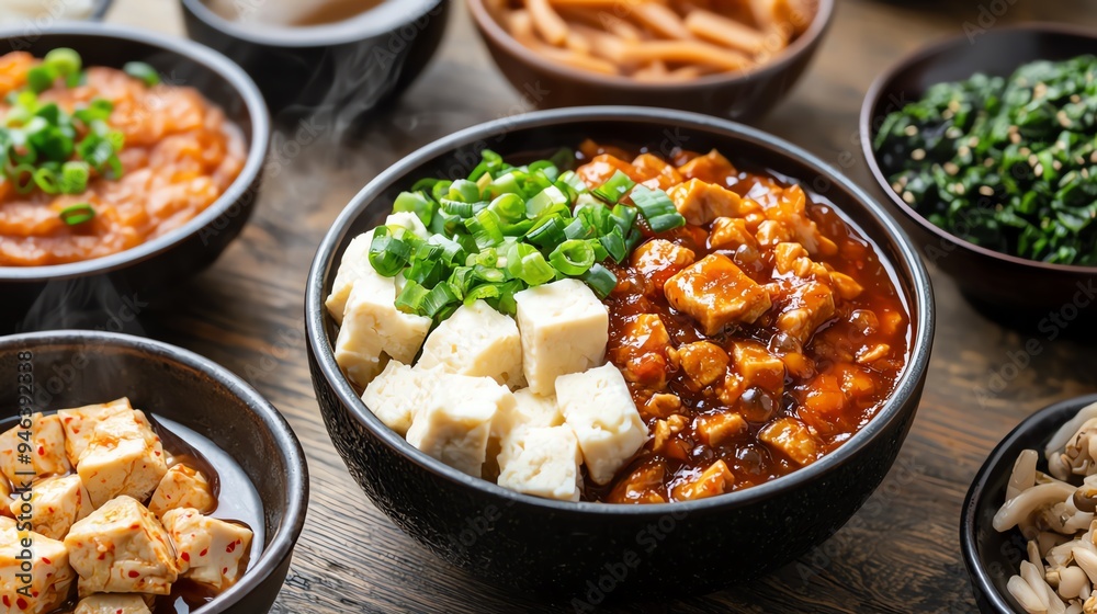 A wooden table set with various probioticrich foods, such as tempeh, miso soup, and natto, with steam rising from the dishes Probiotic-rich diet concept. A wooden table set with various probioticrich foods, such as tempeh, miso soup, and natto, with steam rising from the dishes Probiotic-rich diet concept.