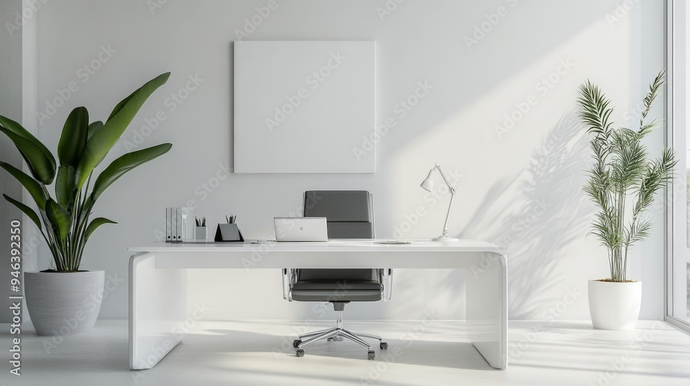 Fototapeta premium A white office with a desk and a potted plant