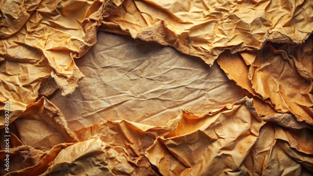 Worn, crumpled paper with ripped edges and curled corners, torn apart in a messy, abstract composition, with subtle texture and warm, earthy tones.