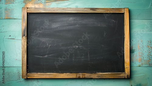 Educational blackboard with wooden edges against a soft teal background, top view Ideal banner template for school concepts, providing ample space for design