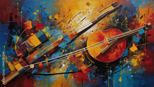 An abstract expressionist painting featuring two musical instruments, a violin and a cello, rendered in vibrant colors and dynamic brushstrokes.